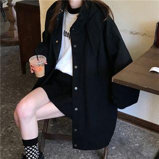 Hooded Buttoned Cargo Jacket Black - One Size
