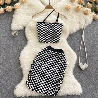 Set: Checkerboard Cropped Camisole Top + Pencil Skirt