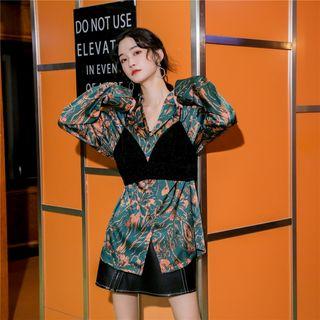 Set: Printed Blouse + Cropped Camisole Top Blouse - Bluish Green - One Size / Camisole Top - Black - One Size