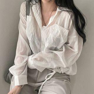 Long Sleeve Crinkled Drawstring Shirt White - One Size
