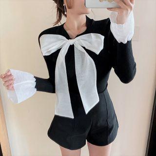 Flared-cuff Bow Sheath Dress Black - One Size