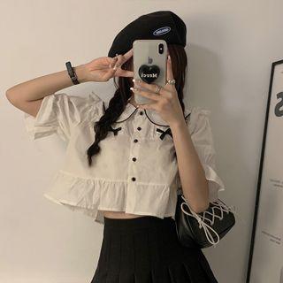 Bow Ruffle Trim Cropped Blouse