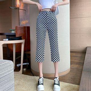 High Waist Checker Print Capri Wide Leg Pants