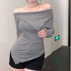 Off-shoulder Asymmetrical T-shirt Dark Gray - One Size