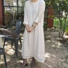 Lace Trim Long-sleeve Midi A-line Dress / V-neck Sweater