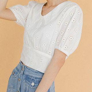 Perforated Short-sleeve Cropped Blouse