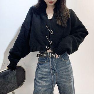 Safety Pin Long-sleeve Cropped Cardigan Black - One Size