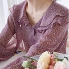 Long-sleeve Floral Print Chiffon Blouse Purple - One Size