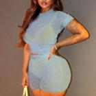 Set: Short Sleeve Mesh Crop Top + Shorts