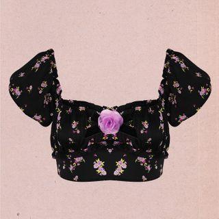 Cropped Square-neck Floral Chiffon Top