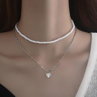 Heart Pendant Sterling Silver Necklace / Faux Pearl Choker / Set