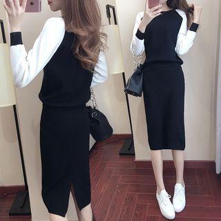 Set: Raglan-sleeve Knit Top + Slit-back Knit Midi Skirt
