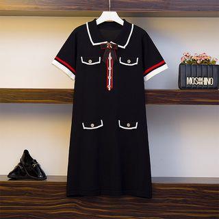 Short-sleeve Contrast Trim Ribbon Knit Dress