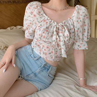 Puff-sleeve Floral Blouse Top - As Figure - One Size