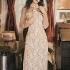 Long-sleeve Lace-up Floral Midi Sheath Dress