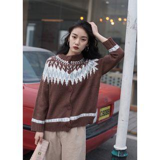 Mock Neck Geometry Cardigan Coffee - One Size