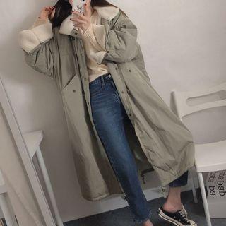 Fleece-trim Long Coat Pea Green - One Size