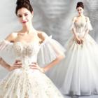 Off-shoulder Ruffled Beaded Ball Gown Wedding Dress
