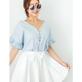 Lace-up Frilled-trim Top