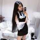 Set: Sheer Bell-sleeve Blouse + Double-breasted Sleeveless Dress