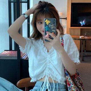 Short-sleeve Eyelet Lace Frill Trim Crop Top White - One Size