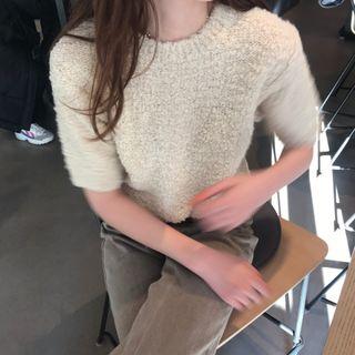 Short-sleeve Furry Knit Top Almond - One Size