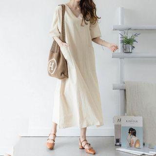 Elbow-sleeve Midi Shift Dress Light Brown - One Size
