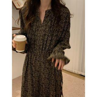 Long-sleeve Floral Midi A-line Dress Dress - Coffee - One Size