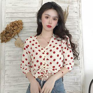 Polka Dot Elbow-sleeve Drawstring Blouse