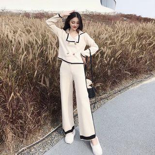 Contrast-trim Double-breasted Knit Top/ Knit Wide-leg Pants