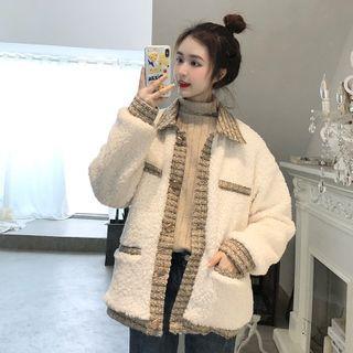 Contrast Trim Fleece Button Jacket Beige - One Size