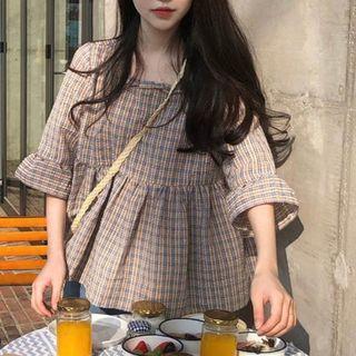 Elbow-sleeve Square Neck Plaid Top
