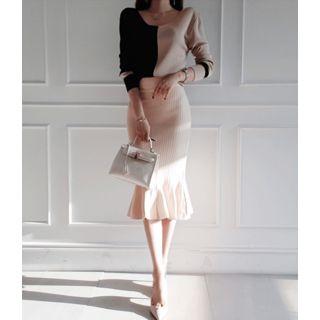 Band-waist Seam-detail Ruffle-hem Knit Dress