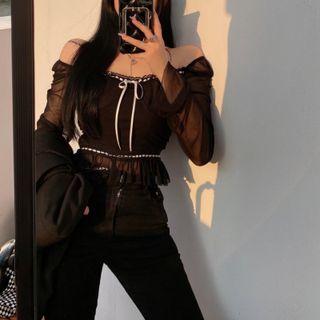 Long-sleeve Off-shoulder Frill Trim Lace Top