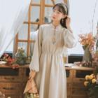 Embroidered Long-sleeve Frog Button Chiffon Dress
