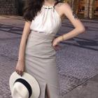 Halter Top / High-waist Slit-front Midi Skirt