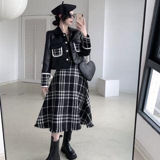Plaid Panel Faux Leather Jacket / Midi A-line Skirt