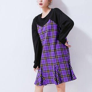 Plaid Panel Pullover Dress Purple - One Size