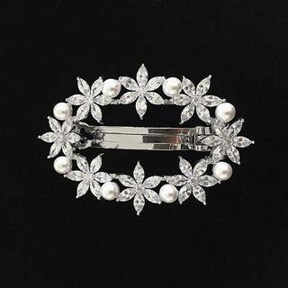 Rhinestone Faux Pearl Flower Hair Clip Platinum - One Size
