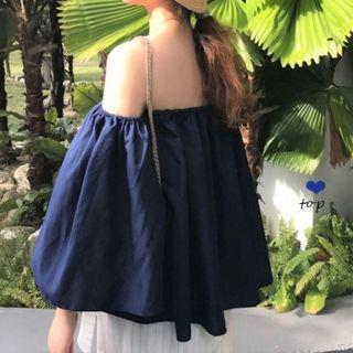 Off-shoulder Loose-fit Plain Blouse Navy Blue - One Size