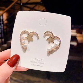 925 Sterling Silver Rhinestone Faux Pearl Heart Stud Earring 1 Pair - E1724 - Gold - One Size