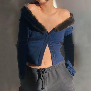 Long Sleeve Furry-trim Crop Cardigan