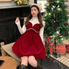 Long-sleeve Top / Faux Pearl Frill Trim Mini A-line Overall Dress