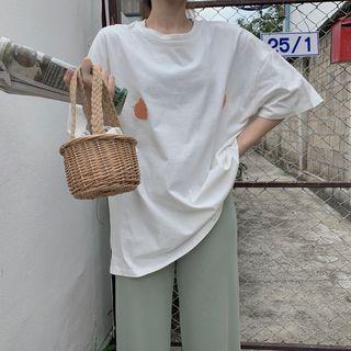 Peach Embroidered Elbow-sleeve T-shirt