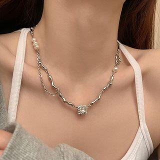 Square Rhinestone Freshwater Pearl Alloy Choker