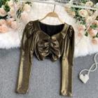 V-neck Puff-sleeve Ruched Top