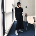 Set: V-neck Top + Banded-waist Ruffled-hem Maxi Skirt