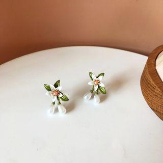 Flower Alloy Faux Pearl Earring 1 Pair - Ear Studs - White & Green - One Size