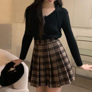 Long-sleeve Plain Halter Knit Top / Plaid Pleated A-line Mini Skirt