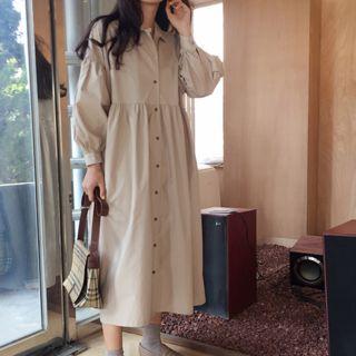 Lantern-sleeve Midi Shirtdress Almond - One Size